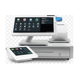 Clover POS station — countertop touchscreen, receipt printer, handheld reader, and cash drawer